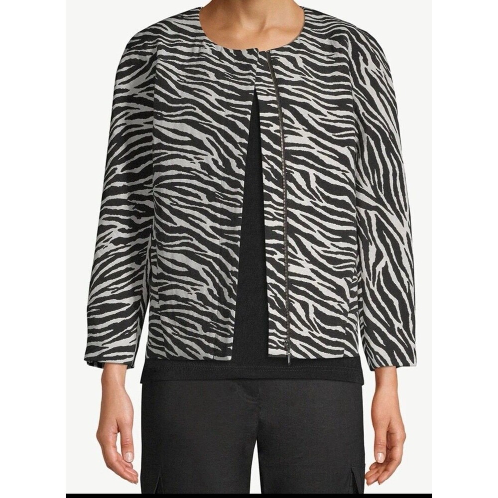 Chicos Women's White Black Bi-Color Zebra Animal Print Blazer Jacket Sz 0 S